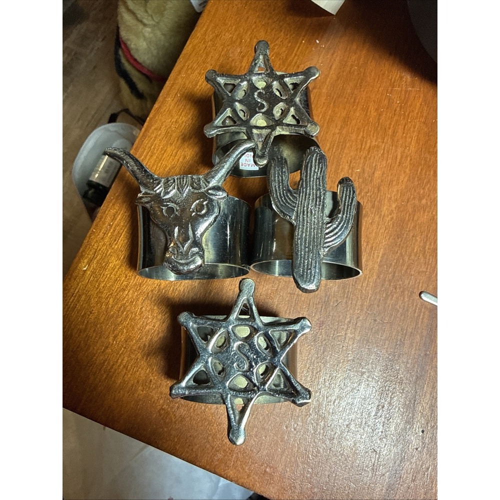 Western Napkin Ring Set Of 4 Steer 2 Sheriff Star Cactus Pre Owned
